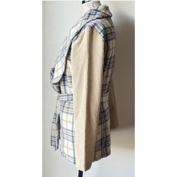 NWT Entro Plaid Flannel and Corduroy Sleeved Draped Front Jacket with Belt - Picture 3 of 8
